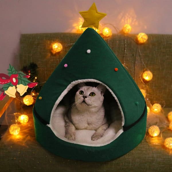 Christmas Tree Shaped Cat House Bed - Cozy Triangular Pet Tent Cave
