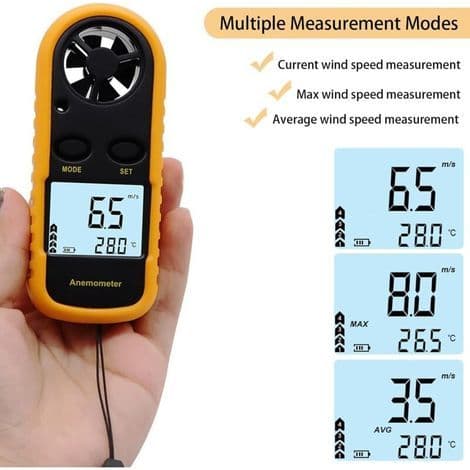 Bærbart anemometer, høypresisjons digitalt anemometer (±5%) med LCD-bakgrunnsbelysning
