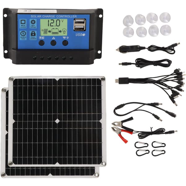 50W, 60A Solcellepanelsett, Solcelleladerkontroller, med 2 USB-utganger, for Bobiler og Strømbrudd