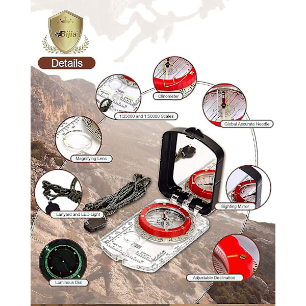 Orientering Kompass med Siktespegel - Kompass med Justerbar Deklination, Klinometer och LED-Ljus för Vandring, Camping, Orientering, Jakt, Global
