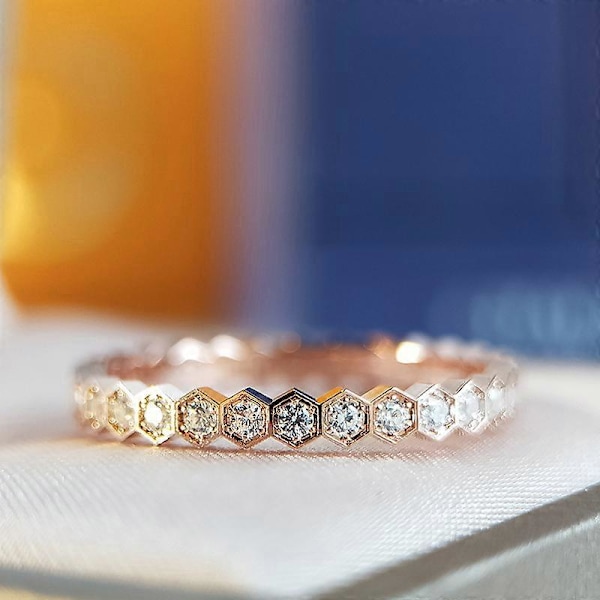 Rose Gold Sød Bi Bikube Ring Minimalistisk Kvinder Geometrisk 3PCS Sæt Skinnende Cubic Zirconia Diamant Hexagonal Ring Bryllupsdag Evighedsring (