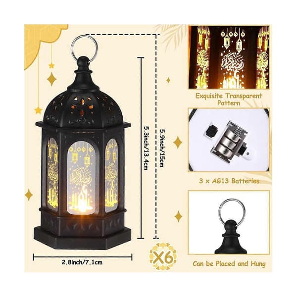 6 stk. Mini Ramadan Candle Mubarak Lantern LED Eid Mubarak Lantern Måne Stjerne Lys Midtpunkt Dekor