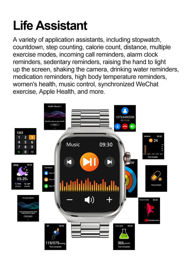 Smartwatch EKG, puls, blodtryk, søvn, skridttæller Sort