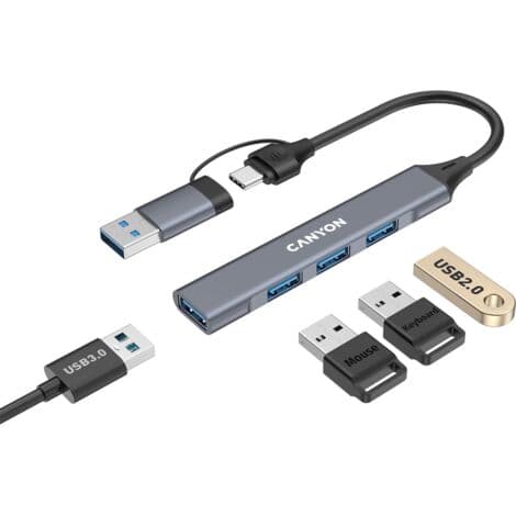 CANYON HUB DS-02 4-in-1 USB-A/C Harmaa