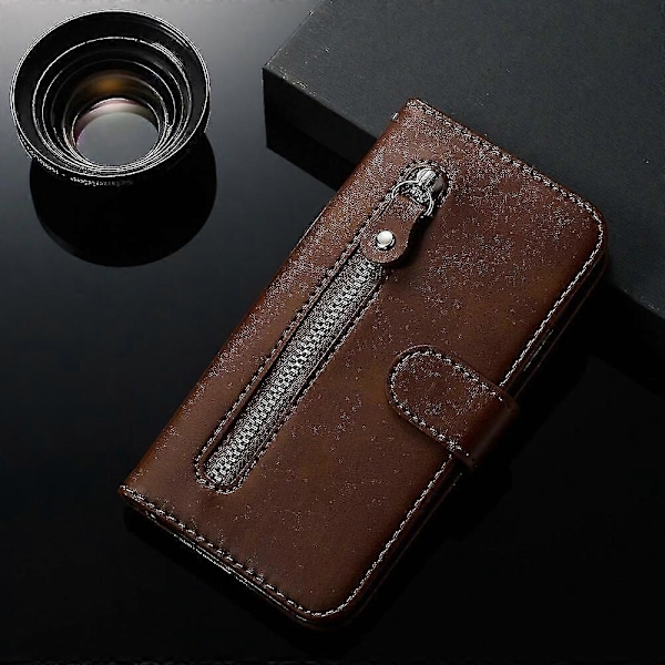 Lompakkokotelo Xiaomi Redmi Note 9s/ 9 Pro/ Max -puhelimelle, ensiluokkainen PU-nahka magneettisella sulkimella, korttipaikat, jalusta, vetoketjutasku, pehmeä TPU-läppäsuojus - Ruskea