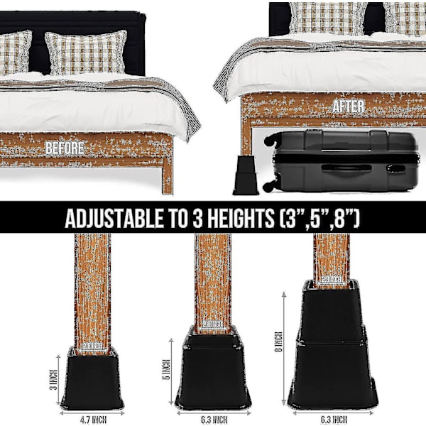 8 stk. Premium Justerbare Møbelforhøjere (4 Høje og 4 Lave) - Robust Forhøjer med Pladsbesparende Design - Seng, Bord, Stol eller Sofa