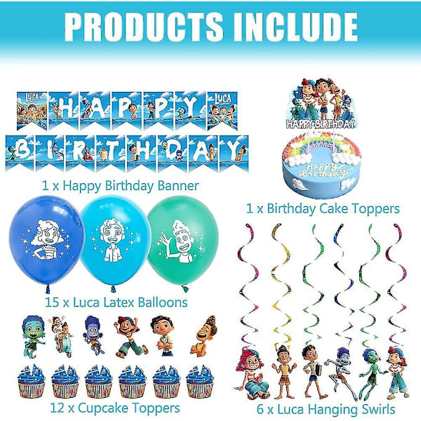 Dekorationer för födelsedagsfest, 35 delar Luca-tema festtillbehör Latexballonger Happy Birthday Banner Caketoppers Luca Swirl för barnpojke födelsedagsfest D