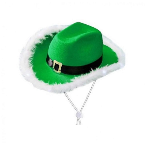 Julelysende Cowboyhat Western Ry Brim Grøn Farve LED Julemandshat