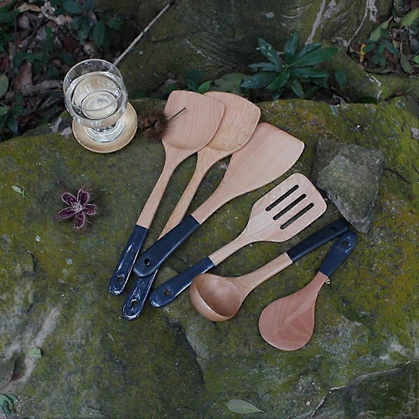 6 stk. stekespadsett med bøkfarget håndtak, non-stick stekespade, stekespade, tresleiv W