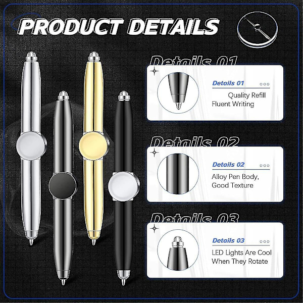 4 stk Fidget Pen Spinner Pen med LED-lys Multifunksjonell Kulepenn for å Hjelpe med Stressreduksjon (Som Vist)