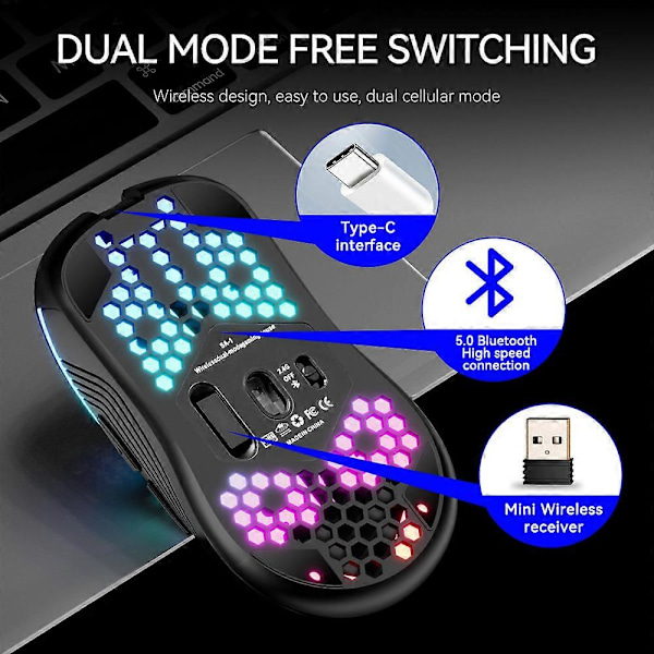 PC Trådløs RGB Gaming Mus Bluetooth Forbindelse Med Letvægts Honningkamskall