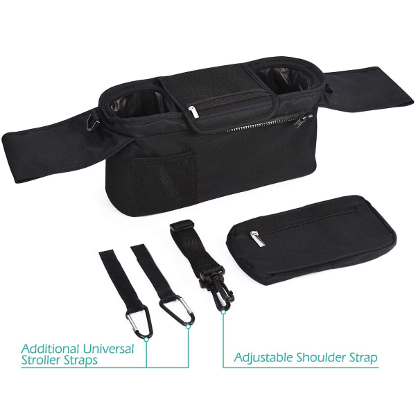 Universal Stroller Organizer Med Isolerende Koppbærer, Avtakbar Telefonveske Og Skulderstropp