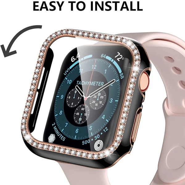 Bling Glass+ deksel for Apple Watch Case 45mm 41mm 40mm 44mm 42mm 38mm Diamant støtfanger + skjermbeskytter iwatch series 7 9 8 5 6 SE B rosa ro B rosa ro