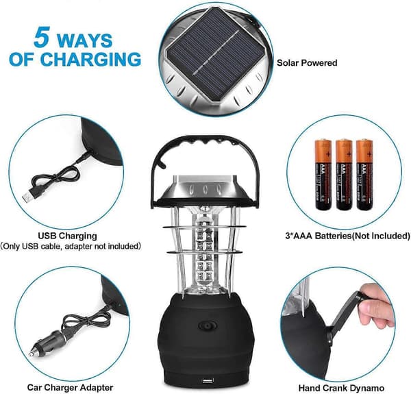 Solcellelampe, Super Lys LED Campinglampe, 2 Justerbare Lysindstillinger, 5 Opladningsmetoder, med Håndsving Generator