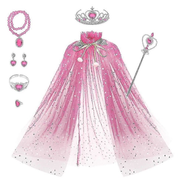 Prinsesscape, Utklädningskläder för Flickor med Prinsessaccessoarer Tiara Spira Halsband Armband Ring Örhängen, Prinsessdräkt Maskeradkläder för Födelsedagsfest