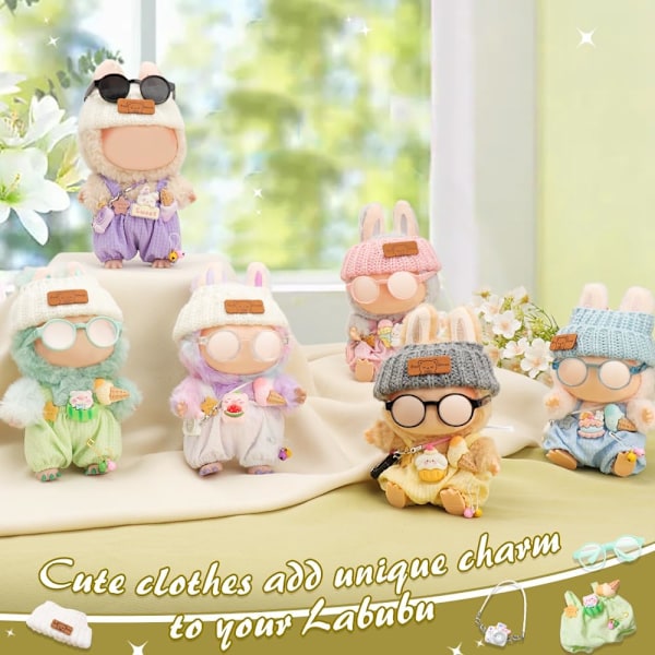 Dockkläder för 17 cm Plysch Hänge Blind Box Figurer, Hatt och Overall Set för Blind Box Docka, kommer med Glasögon, Blind Box Figurer Kläder (Blå)