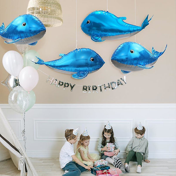 Søde 4D Hval Balloner Under Havet Dekorationer Ocean Balloner, 4 Pakke Kæmpe 37'' Hval Formet Mylar Folieballoner Havdyr Balloner Fisk Balloner B