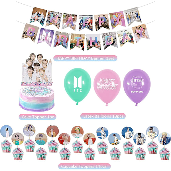 BTS Syntymäpäiväkoristeet, Kpop Syntymäpäivätarvikkeet Bangtan Boys Faneille, Mukana BTS Onnea Syntymäpäiväksi -Lippu Kakun Päällä -Koristeet Ilmapallot