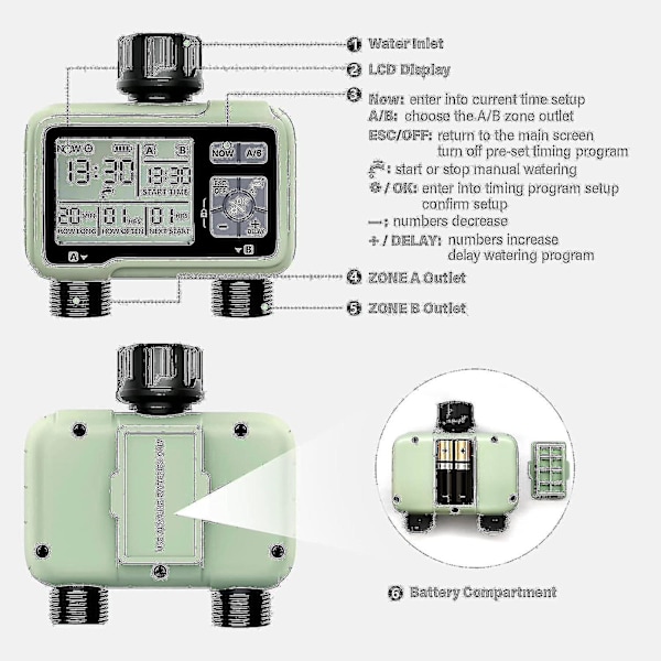 Sprinkler Timer, Programmerbar Vattentimer Utomhus Trädgårdsslang Timer Med Regnfördröjning/Manuell/Automatisk Bevattningssystem, Vattentät Digital Bevattningstimer
