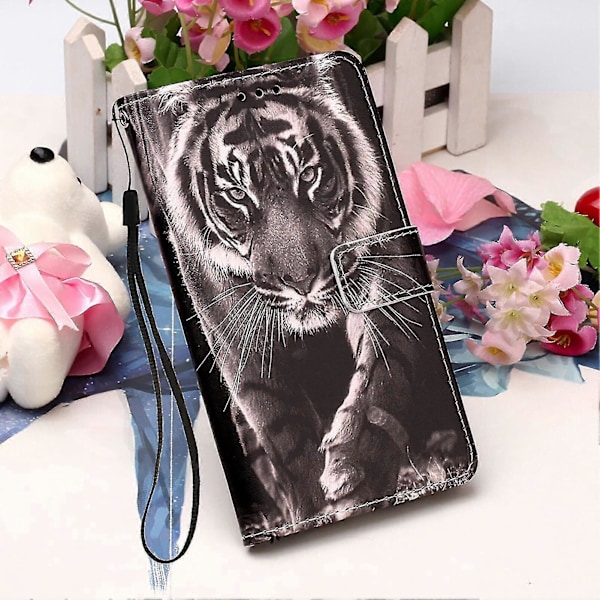 Kompatibel med iPhone 12 Pro Etui Læder Flip Wallet Cover med Kort Slot Holder Støttefod Mønster - Tiger