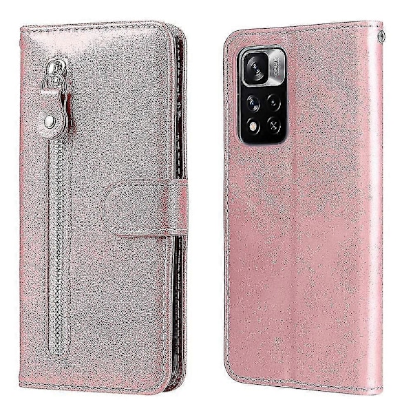 Plånboksfodral för Xiaomi Redmi Note 11 Pro Plus, premium PU-läder magnetisk stängning kortfack stativ dragkedjeficka mjukt TPU flip-fodral - Rosa