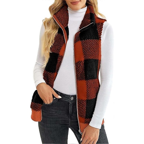 (M) Dame Mode Plaid Fleece Vest Afslappet Fuzzy Ærmeløs Fuzzy Sherpa Vest Fluffy Lynlås Jakke Varmt Overtøj