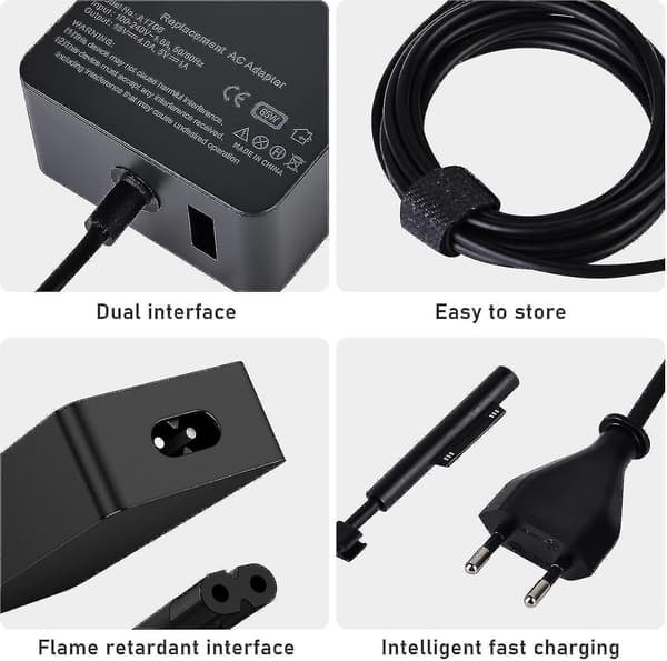 Surface Pro Oplader, 65W 15V 4A Microsoft Surface Oplader til Surface Laptop 4/3/2/1, Surface Book 1/2, Surface Pro 3/4/5/6/7/8/9/x, Surface Go Med Os