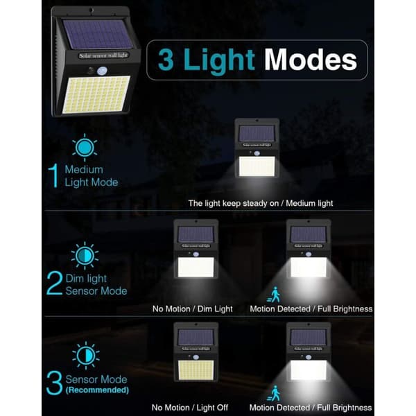 【5-pakning】Utendørs solcellelamper, 3 moduser, bevegelsessensor utendørslys, 100 LED, vanntette solcellelamper, kraftig solcelleflomlys for hagesikkerhet
