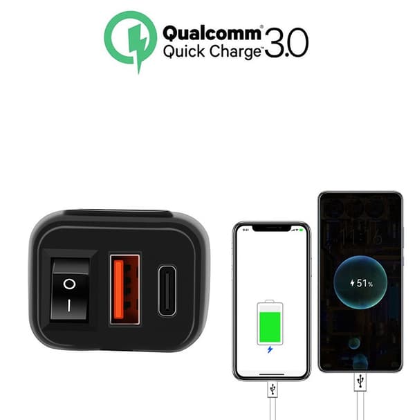 USB-C / USB hurtiglader for bil og motorsykkel Svart