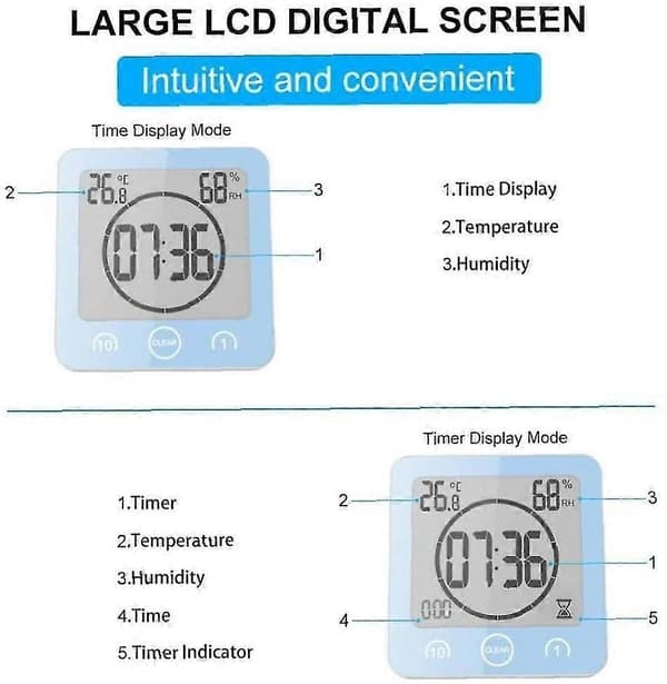 Digitalt LCD-display Vanntett Baderomsveggklokke Temperaturtimer