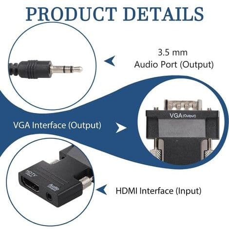 HDMI til VGA-konverter med 1080p lyd, HDMI hun til VGA han-adapter med 3,5 mm lydkabel, videoadapter til pc, bærbar computer, Xbox, HDTV