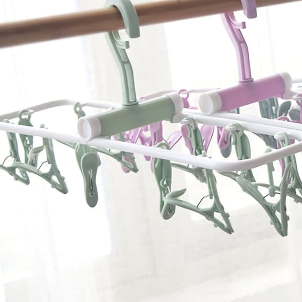 Foldable Plastic Drying Rack with 12 Clips for Underwear and Socks - Windproof and Non-slip - Nordic Green