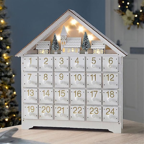 24 Dages Hvid Træ LED Julekalender Opbevarings Skuffe