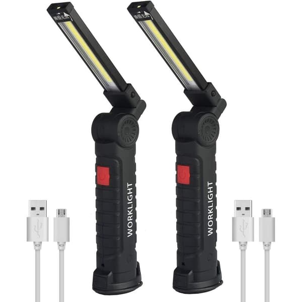 Sett med 2 oppladbare COB-arbeidslamper – Magnetisk base – 5 lysmoduser – For byggeplasser og trange rom
