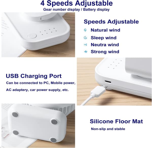 Bordsfläkt 4 Hastigheter Tyst 90° Variabel Mini Skrivbordsfläkt USB Uppladdningsbar Perfekt för Sovrum (Vit)