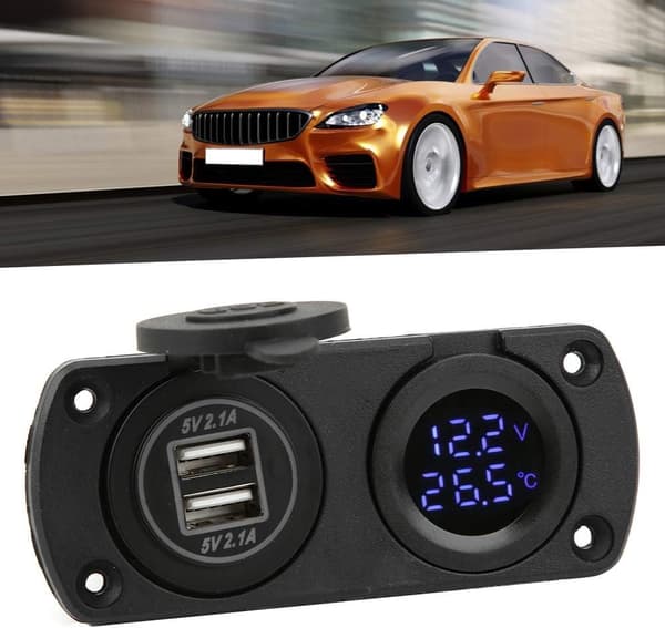 Car Charger Panel Socket Temperature Voltmeter Dual Power Outlet Charger 12V USB Cigarette Lighter Socket with LED Digital Voltmeter for Cars, Boat