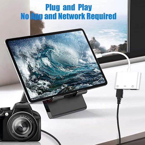Lightning till USB 3.0-adapter, USB 3.0-kameraadapter kompatibel med iPhone iPad, iPhone USB-adapter med 2 USB 3.0 och 1 laddningsport, ingen applikation