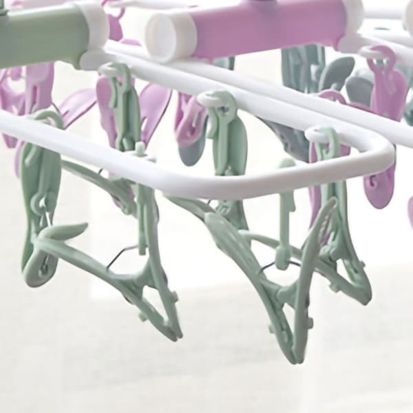 Foldable Plastic Drying Rack with 12 Clips for Underwear and Socks - Windproof and Non-slip - Nordic Green