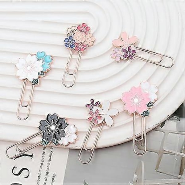 6 st Söta Gem Bokmärken, Roliga Färgglada Stora Metall Sakura Solros Tusensköna Rosa Gem Planerartillbehör (Sakura Flerfärgad) 33*65mm
