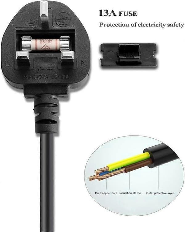2 meter UK strømkabel, 3-pins plugg til IEC C7 (Sort 1 pakke)