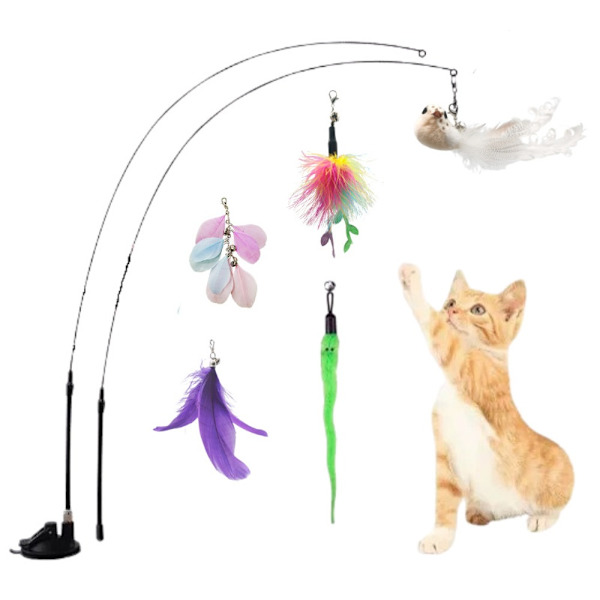 Interactive Cat Toy - Upgraded Suction Cup with Double Feather Sticks and Replaceable Heads for Cat