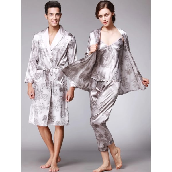 Ice Silk Couple Pyjamas Ladies Summer Suit Men&#39;s Nightgown Robe Gray WomenL