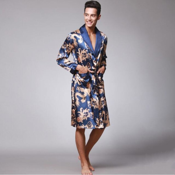Ice Silk Couple Pyjamas Ladies Summer Suit Men&#39;s Nightgown Robe RoyalBlue MenXL