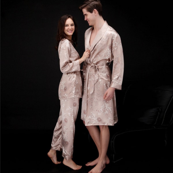 Ice Silk Couple Pyjamas Ladies Summer Suit Men&#39;s Nightgown Robe Camel WomenS