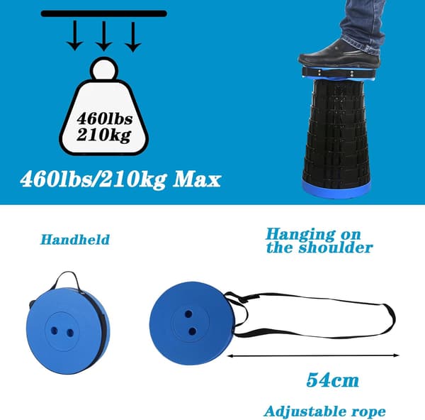 Bärbar hopfällbar pall | Infällbar, lätt, stöder 210 kg, för utomhusbruk (blå) blue and black