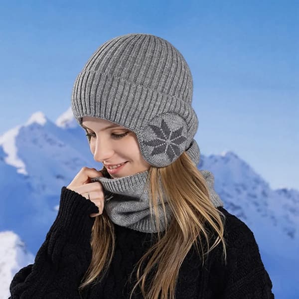 Set med 2 mössor för kvinnor och män, stickad mössa, ullmössa, vinter med öronlappar (grå) grey 2