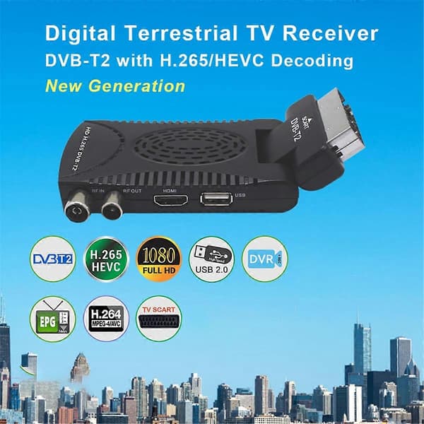 DVB-T2 Full HD Digital Terrestrisk TV-dekoder med 265/HEVC-dekoding EPG Set Top Box EU-plugg
