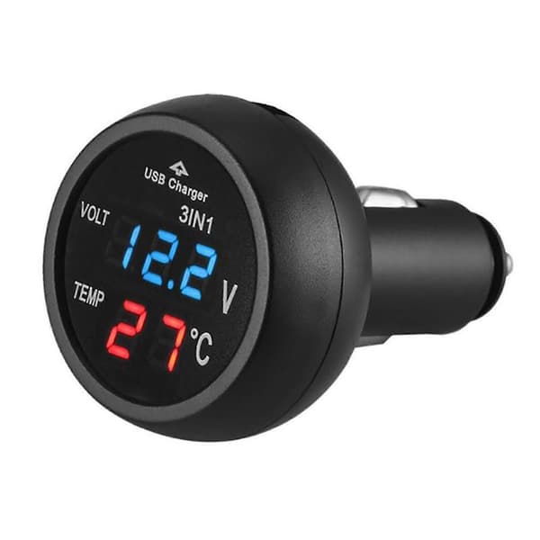 3 i 1 12/24V Bil Auto LED Digital Voltmeter Måler Termometer USB Lader Blue
