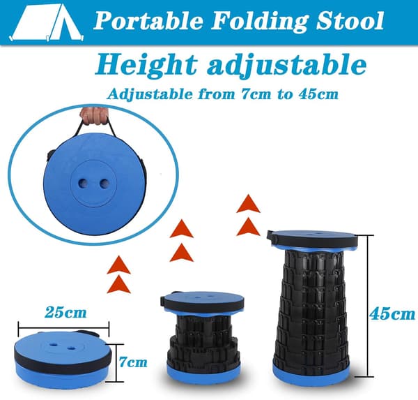Bärbar hopfällbar pall | Infällbar, lätt, stöder 210 kg, för utomhusbruk (blå) blue and black