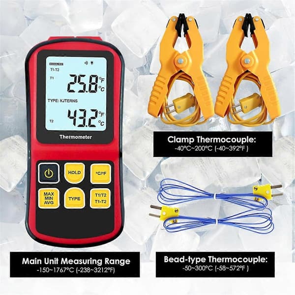 Termoelementtermometer Digitalt K-type termometer, med 2 temperaturklemmer 2 kablede termoelementprober